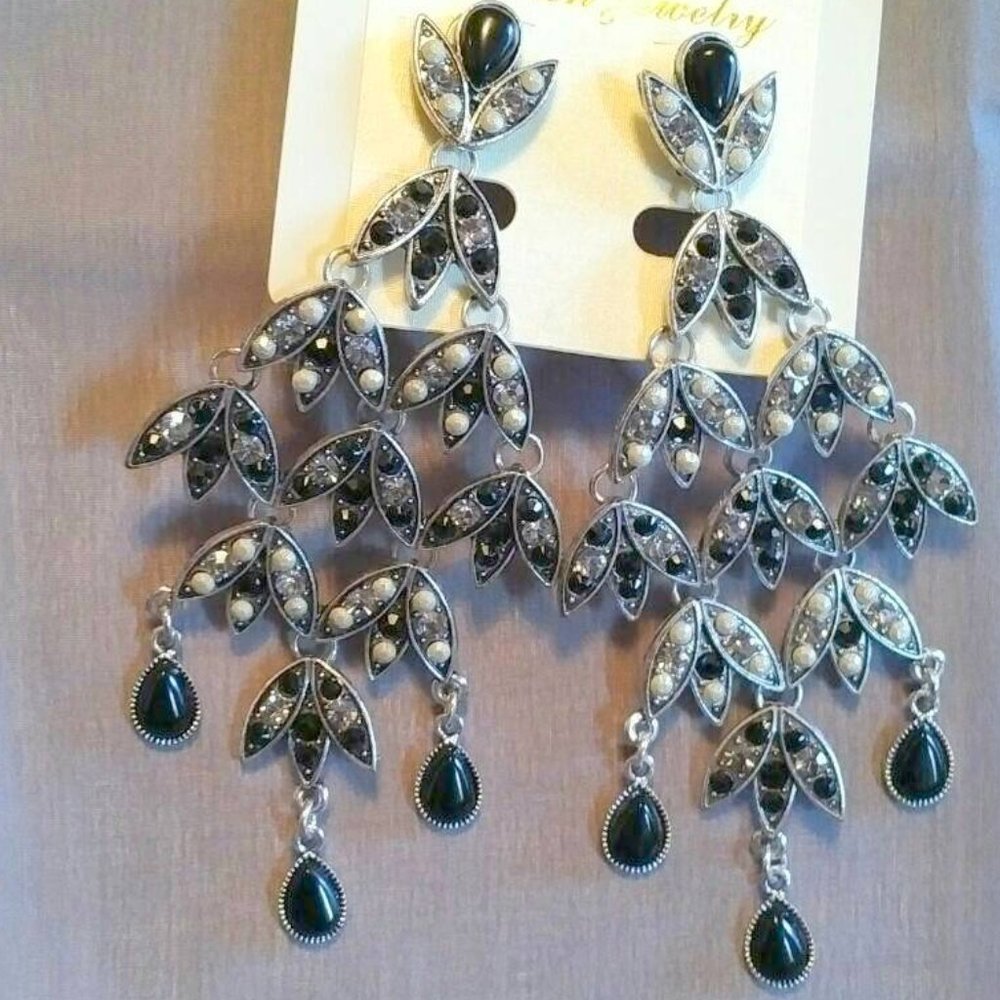 NEW Chandelier Statement Earrings, Black & Clear Crystals
